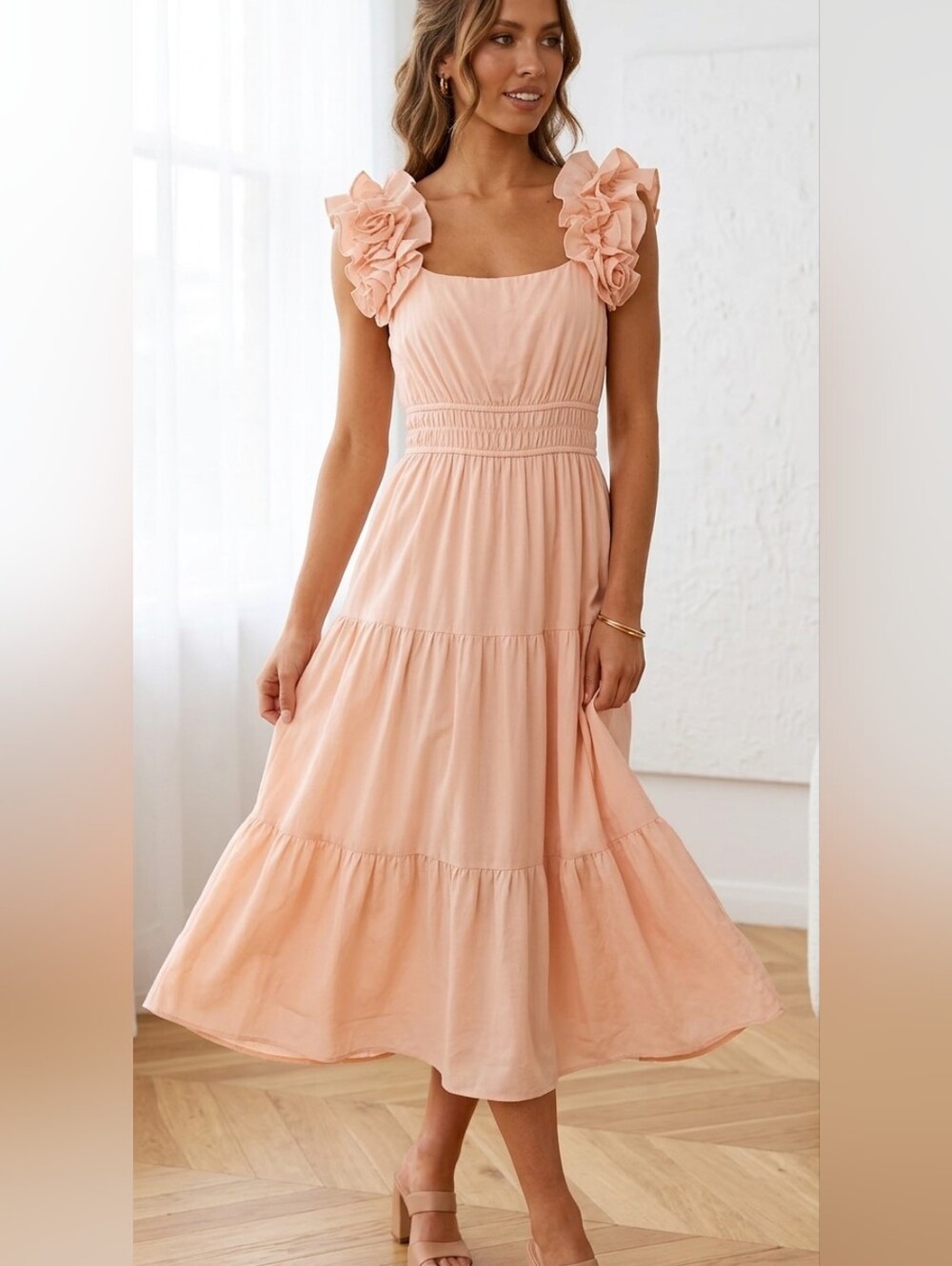 Biltmore Linen Blend Ruffle Sleeve Midi Dress Pink Size Small